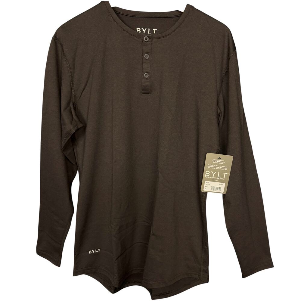 Bylt Drop Cut Henley Mens Small Brown Long Sleeve Stretch Curved Hem 3 Button